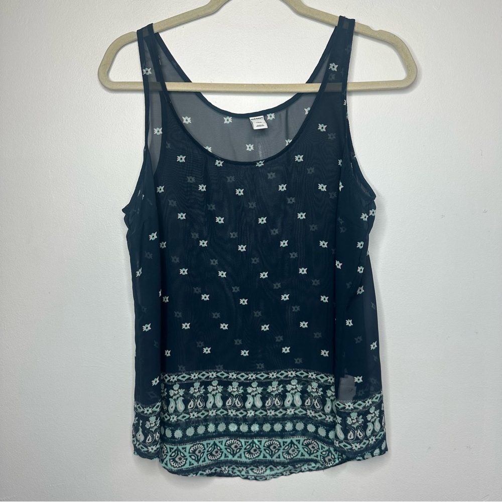 Old Navy L Sheer Blue Boho Floral Tank Top Relaxed Fit Scoop Neck Unlined EUC
